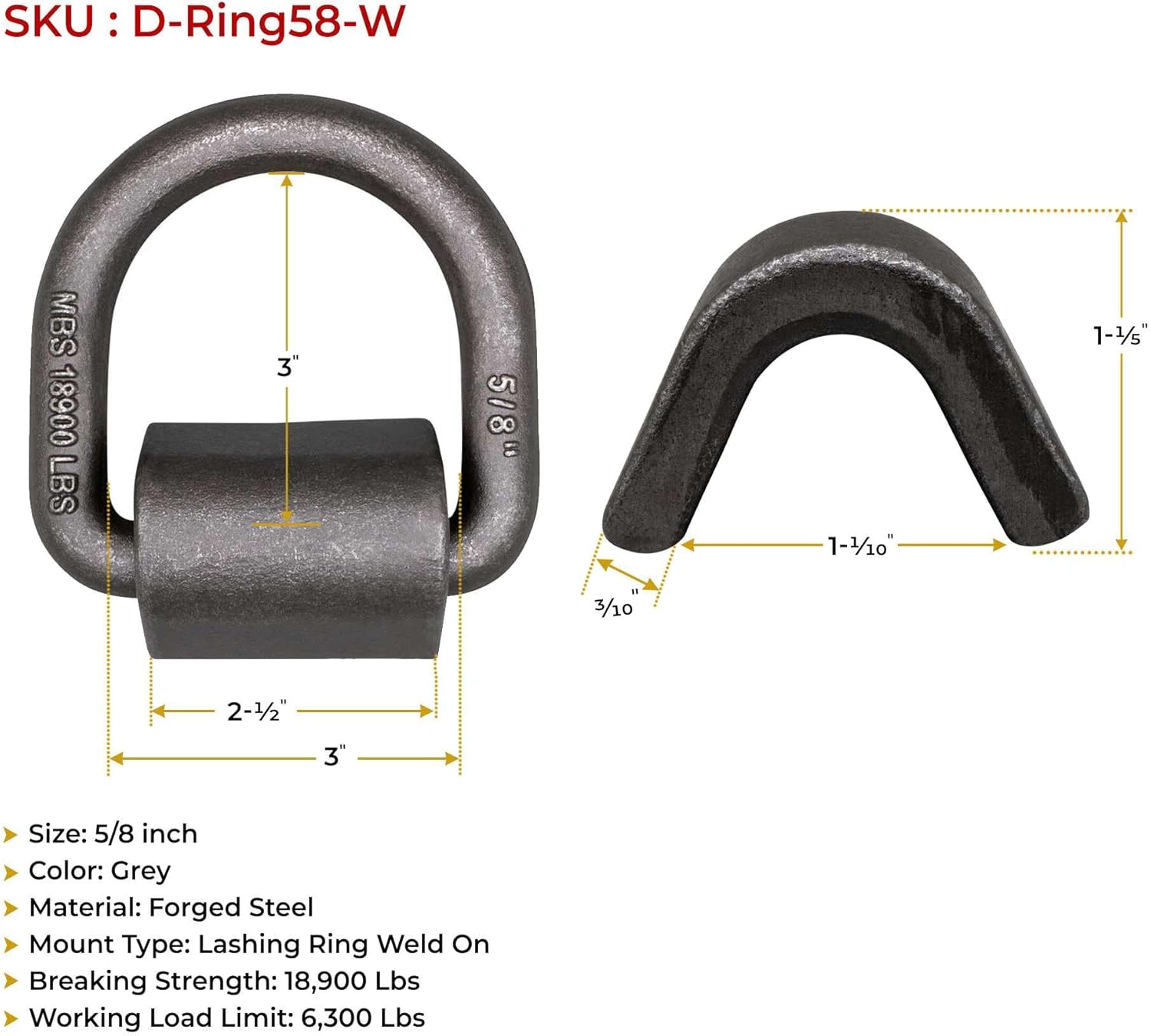 Mytee Products (4 Pack 5/8" Heavy Duty Weld-On Forged D Ring 18,900 Lbs Truck Tie Down