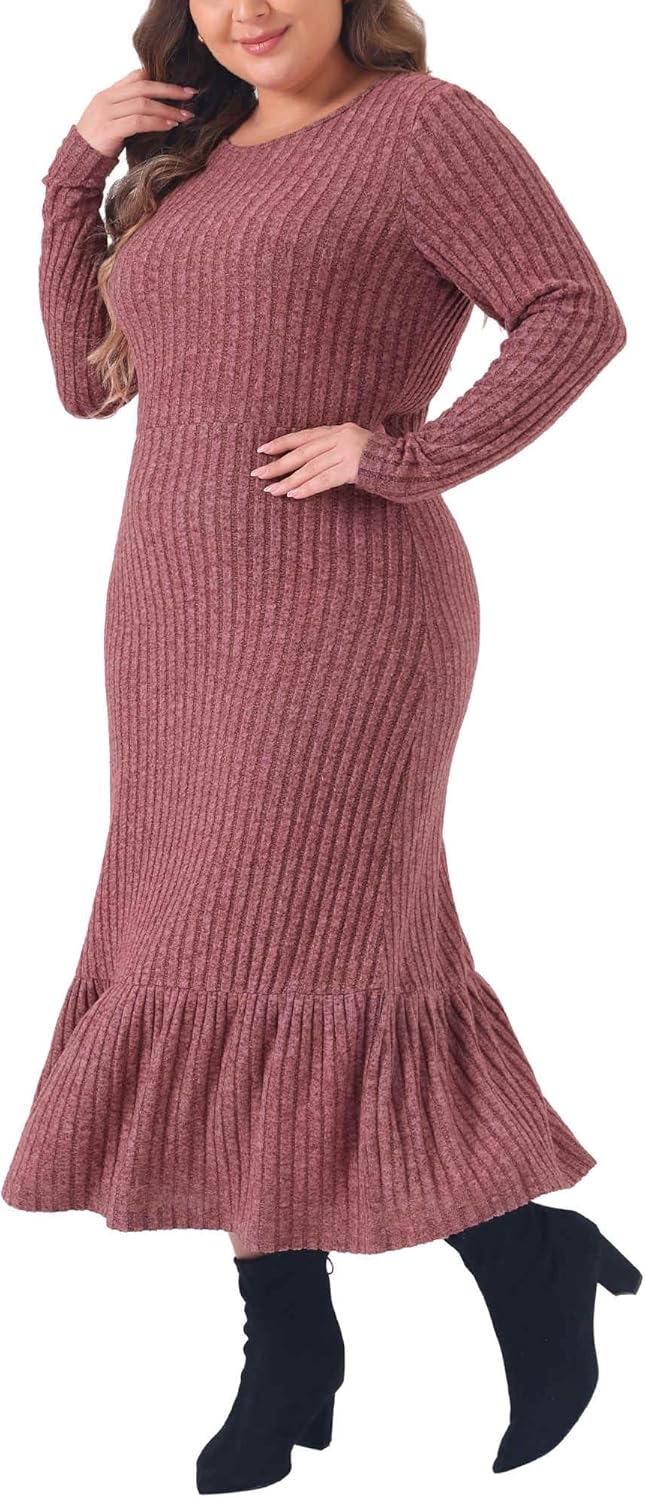 Agnes Orinda Plus Size Dress for Women Ribbed Knit Long Sleeve Crew Neck Ruffled Hem Midi Dresses - Image 2