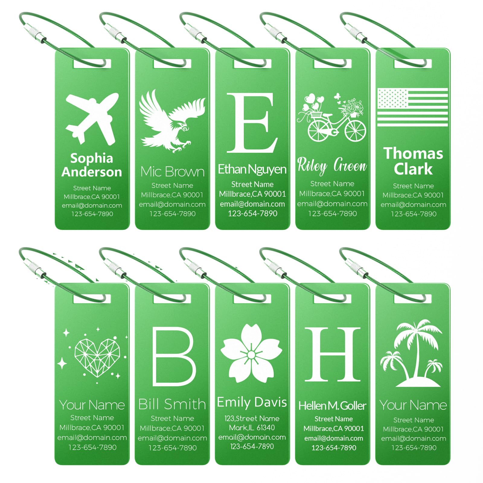 10 Personalized Metal Luggage Tags, Custom Suitcase Aluminum Name Tags with Steel Ring, Laser Engraved Name and Logo, for Travel, Backpack, Baggage,