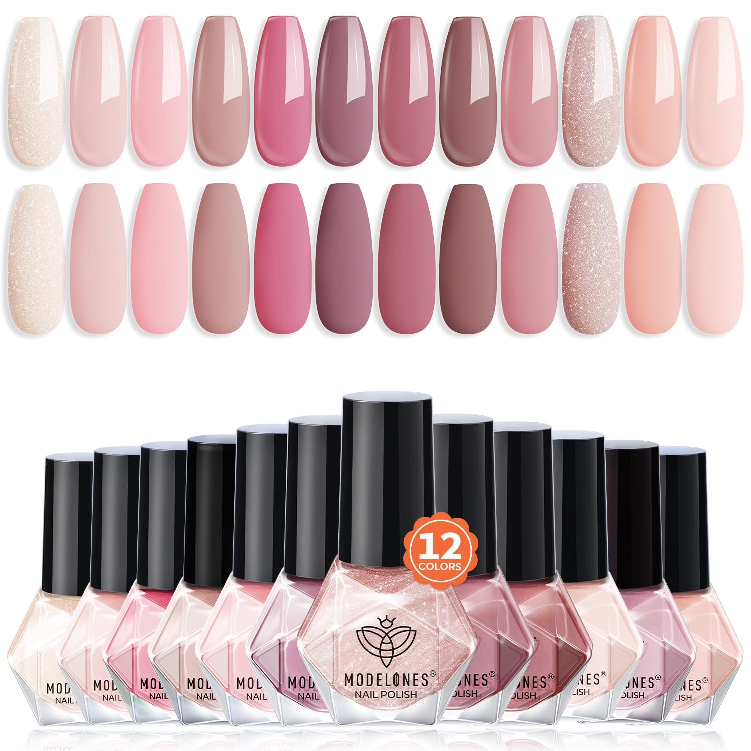modelones Nail Polish Set 12 Colors Nude Pink Quick Dry Mini Nail Lacquer Kit, Neutral Shimmer White Glitter Finger Toe Nail Polish Bulk Manicure DIY Nail Art Salon Travel Home Gift for Women Girls