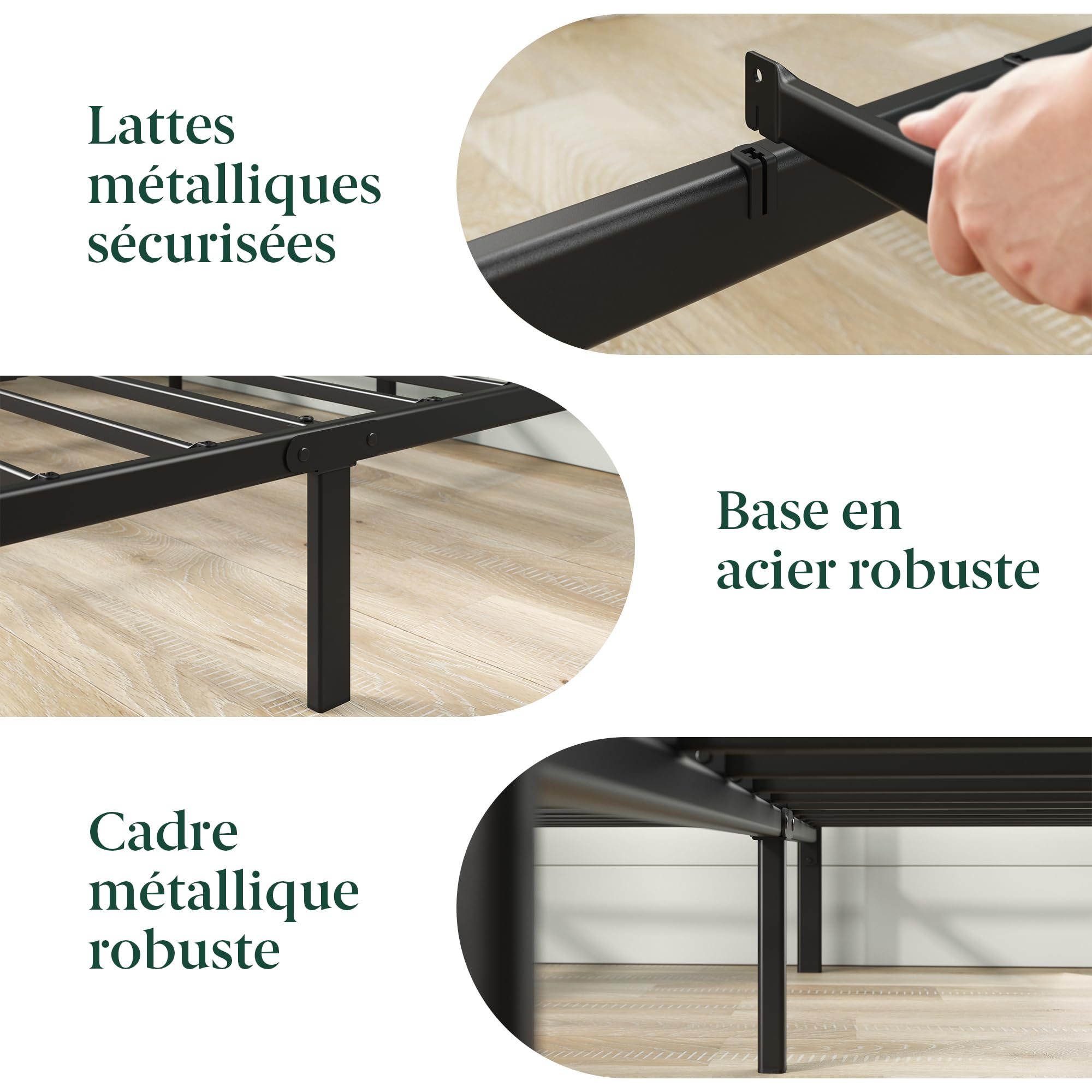 Zinus Florence Sommier 140x190 cm avec Lattes en Métal - Cadre & Tête de Lit 2 Personnes en Métal Robuste - Hauteur 35 cm pour Rangement - Montage Facile - Noir