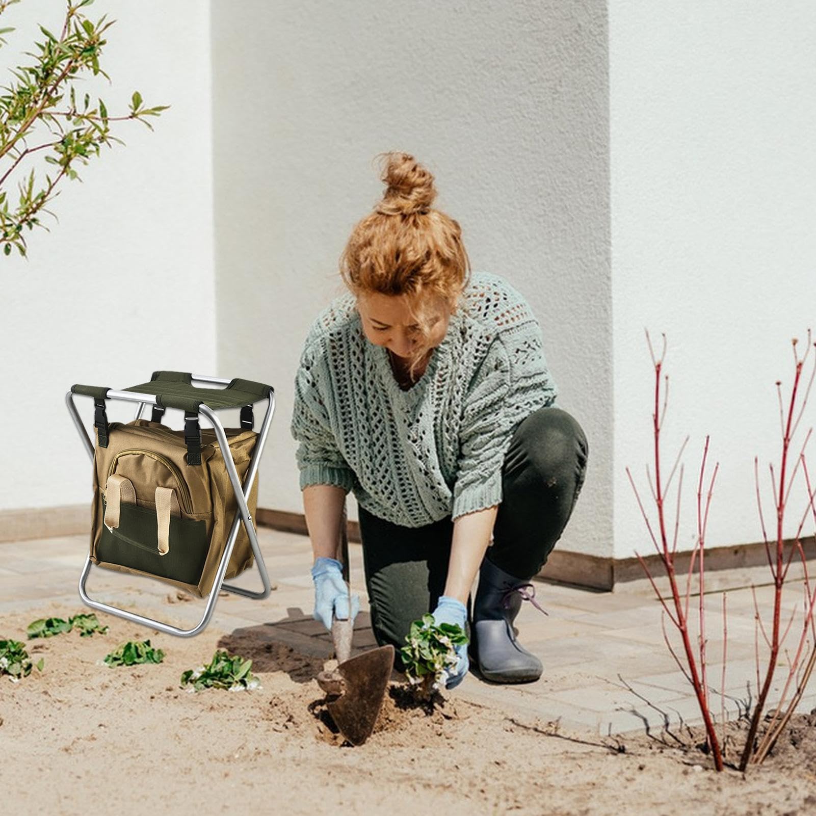 Sgabello Pieghevole Da Giardino Con Set Attrezzi - 5 Attrezzi In Acciaio E Legno - Borsa Con Cerniera - Foto 9