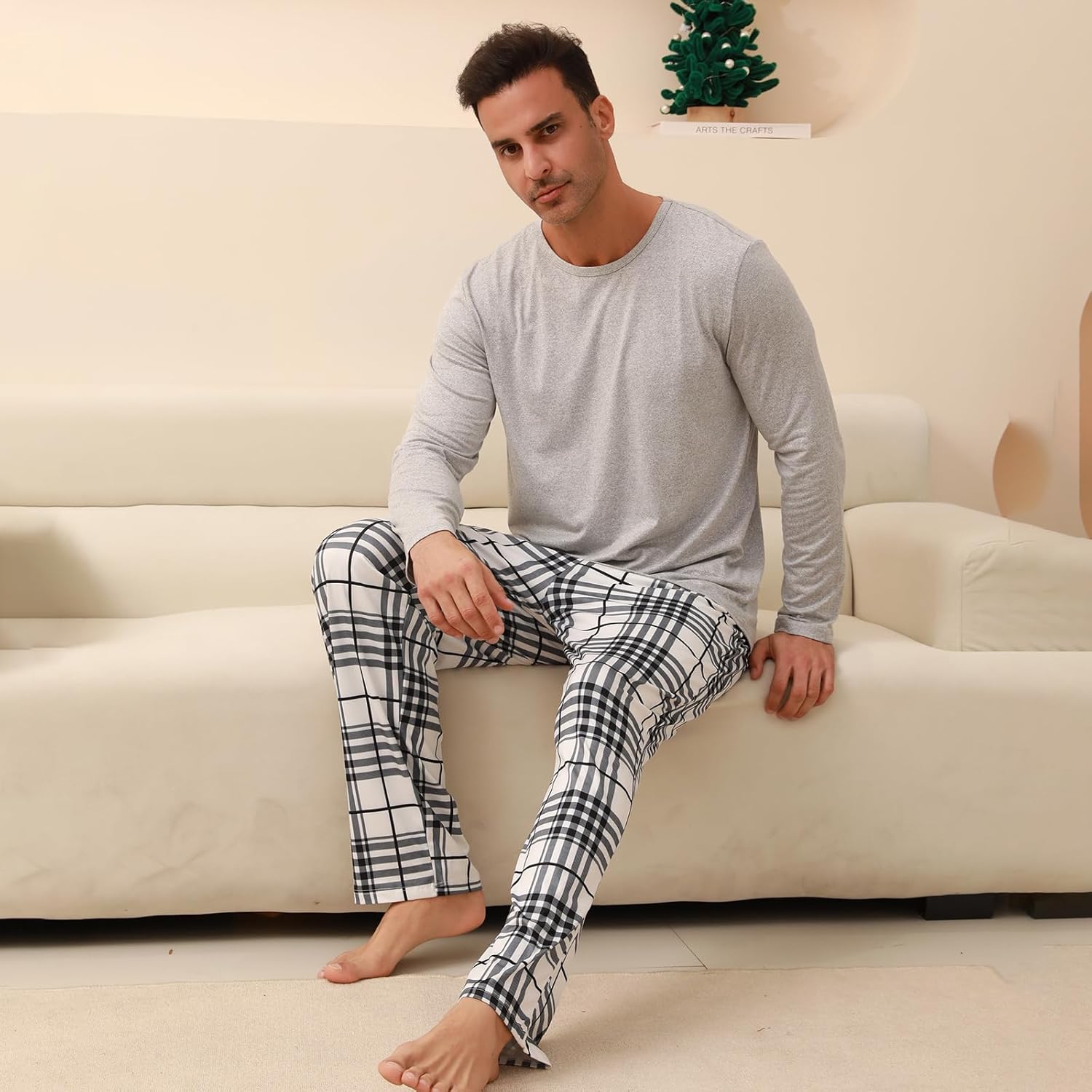 Men's Pajamas Set Long Sleeve Top with Plaid Pants Soft Sleepwear Loungewear - Image 5