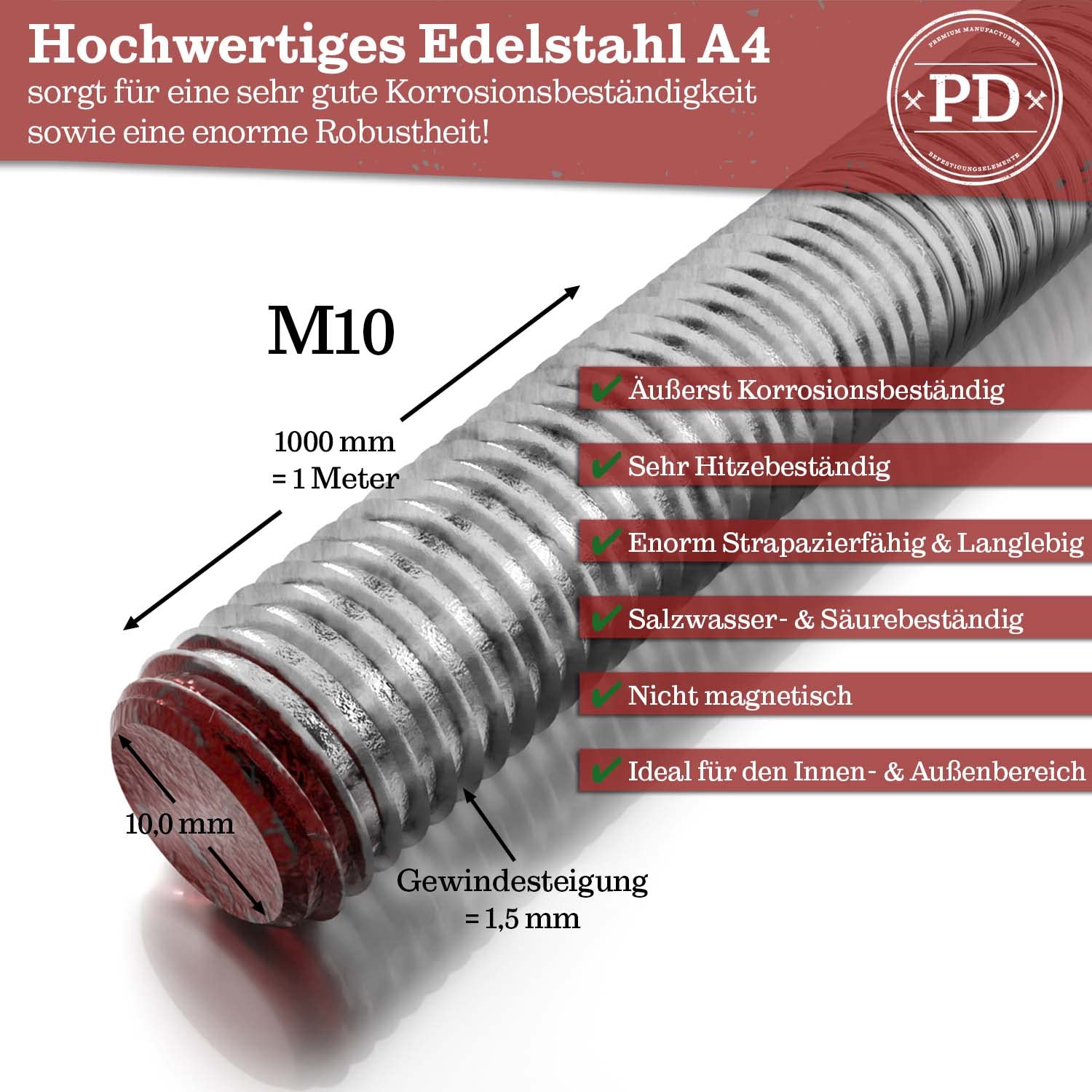 PD® Gewindestangen M10 Edelstahl A4 V4A (DIN 976 / DIN 975) | 1000 mm Gewindestange mit Standardgewinde | Rostfreie, kürzbare Vollgewindestangen für den Innen- und Außenbereich | 1 Stück