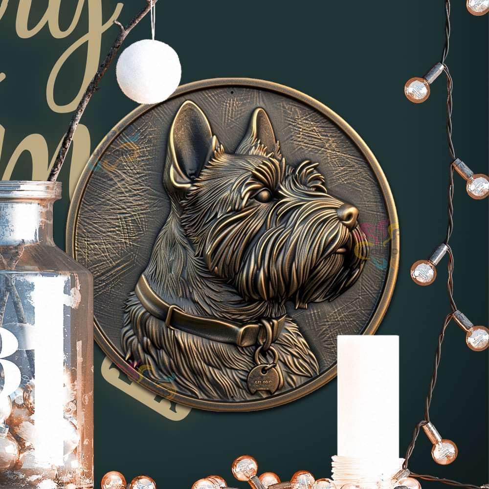 Decorative Tin Sign 2D Flat Vintage Wall Art Scottish Terrier Round Tin Sign for Scottish Themed Interiors Earthy Home Decor and Dog Lover's Collection 8×8 Inches image 5