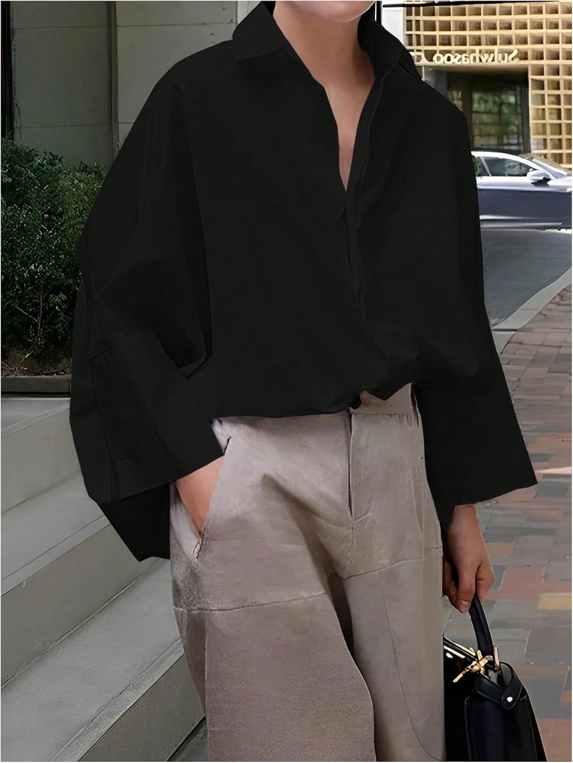 GORGLITTER Women's Button Down Shirts Bell Long Sleeve Top Oversized Collar Work Casual Dressy Dress Blouses Tops