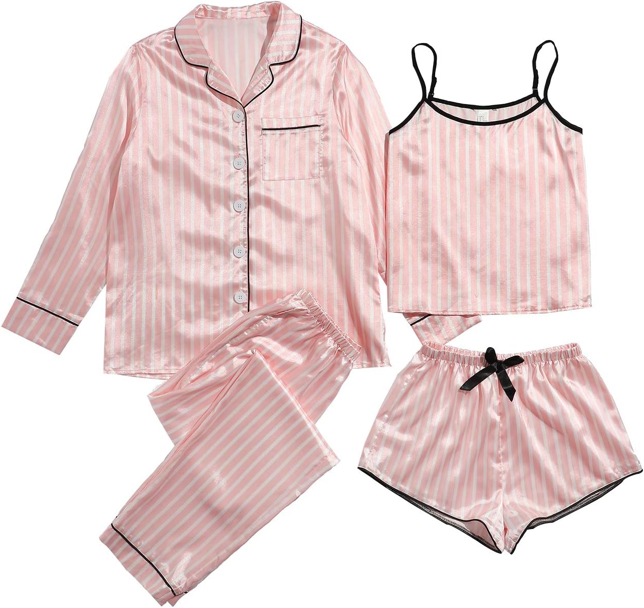 WDIRARA Women's Silk Satin Pajama Set 4 Pieces Sleepwear Loungewear Pj Sets