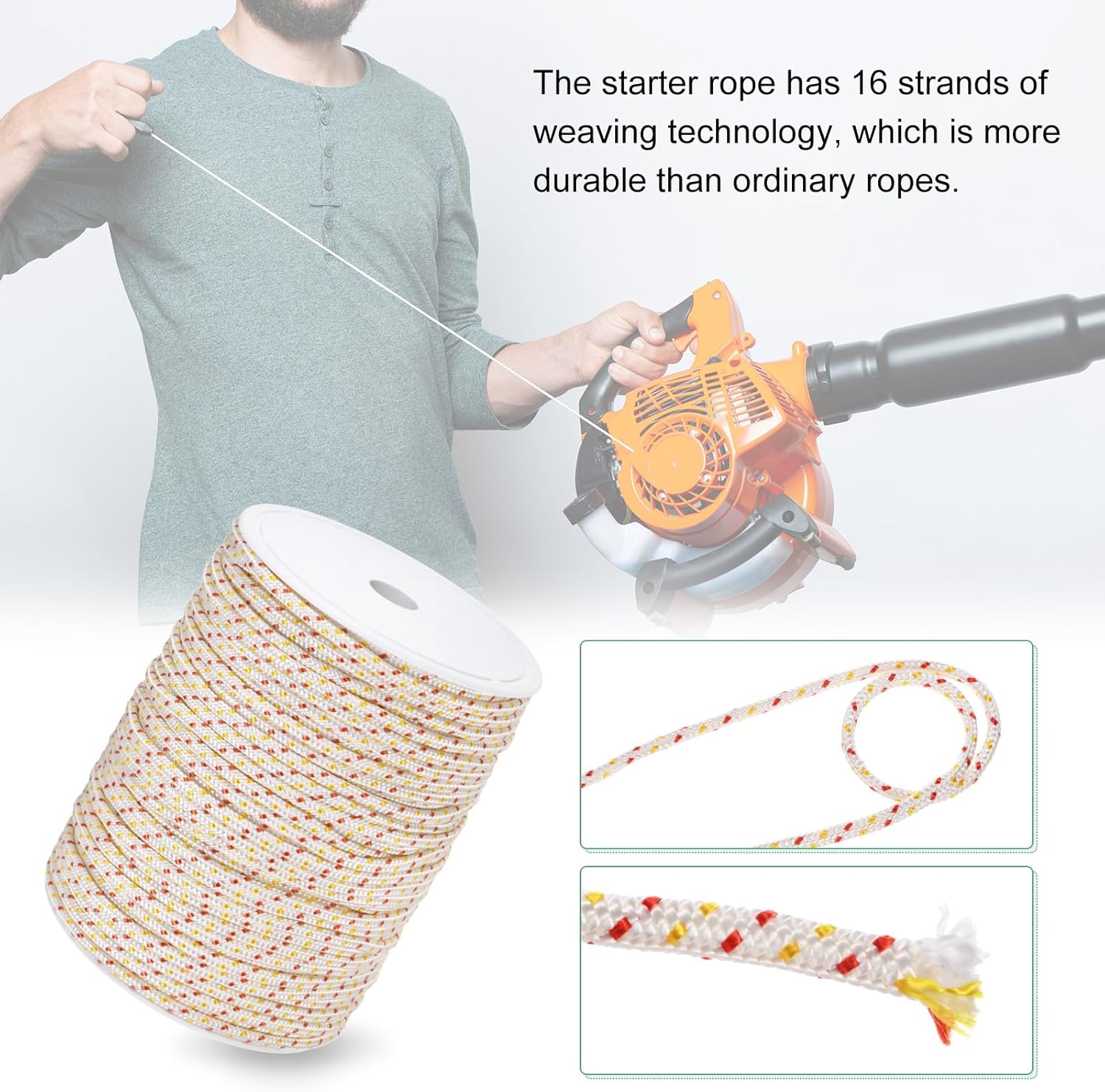 Recoil Starter Rope Pull Cord 5mm 100m Pull Starter Rope Nylon Pull Cord Pull Starter Rope for Mower/Chainsaw/Trimmer/Brush Cutter [White Red Yellow]
