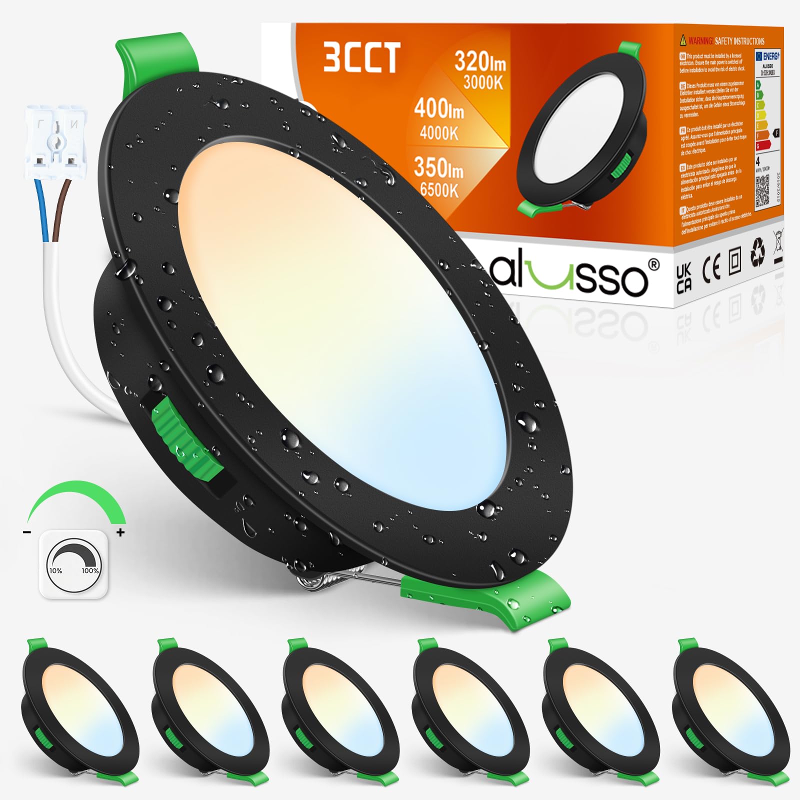 ALUSSO LED Einbaustrahler 230V Dimmbar 5W 3CCT 75-85mm Schwarz 6er Set | LED Spots 230V, IP44 Einbauleuchten Deckenspots Einbauspots, Warmweiß 3000K Neutralweiß 4000K Kaltweiß 6500K Deckenstrahler