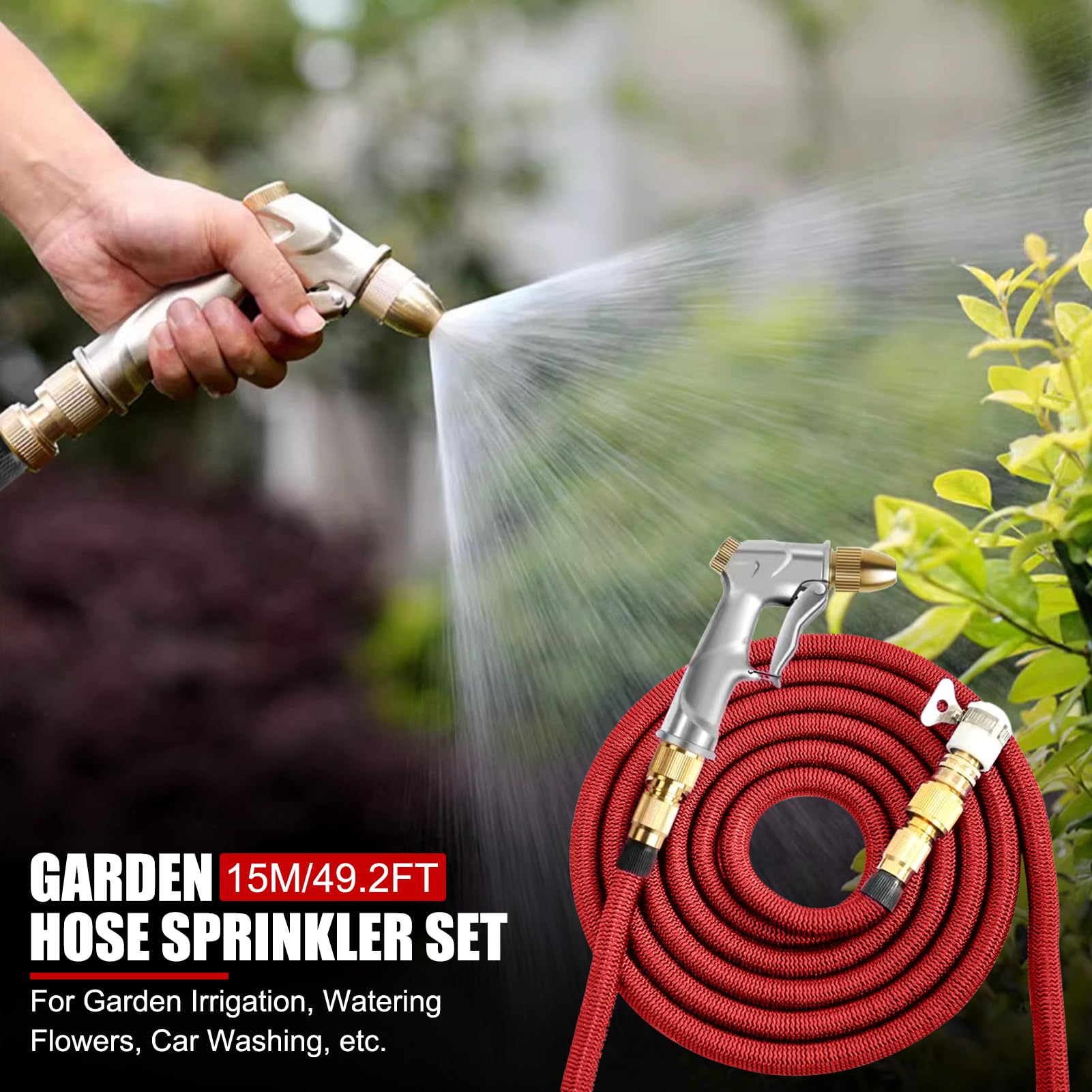 Manguera de jardín extensible de 50 pies, con pistola rociadora de metal, conectores de latón macizo de 3/4 pulgadas, manguera de agua flexible ligera y sin torceduras, para regar plantas, lav