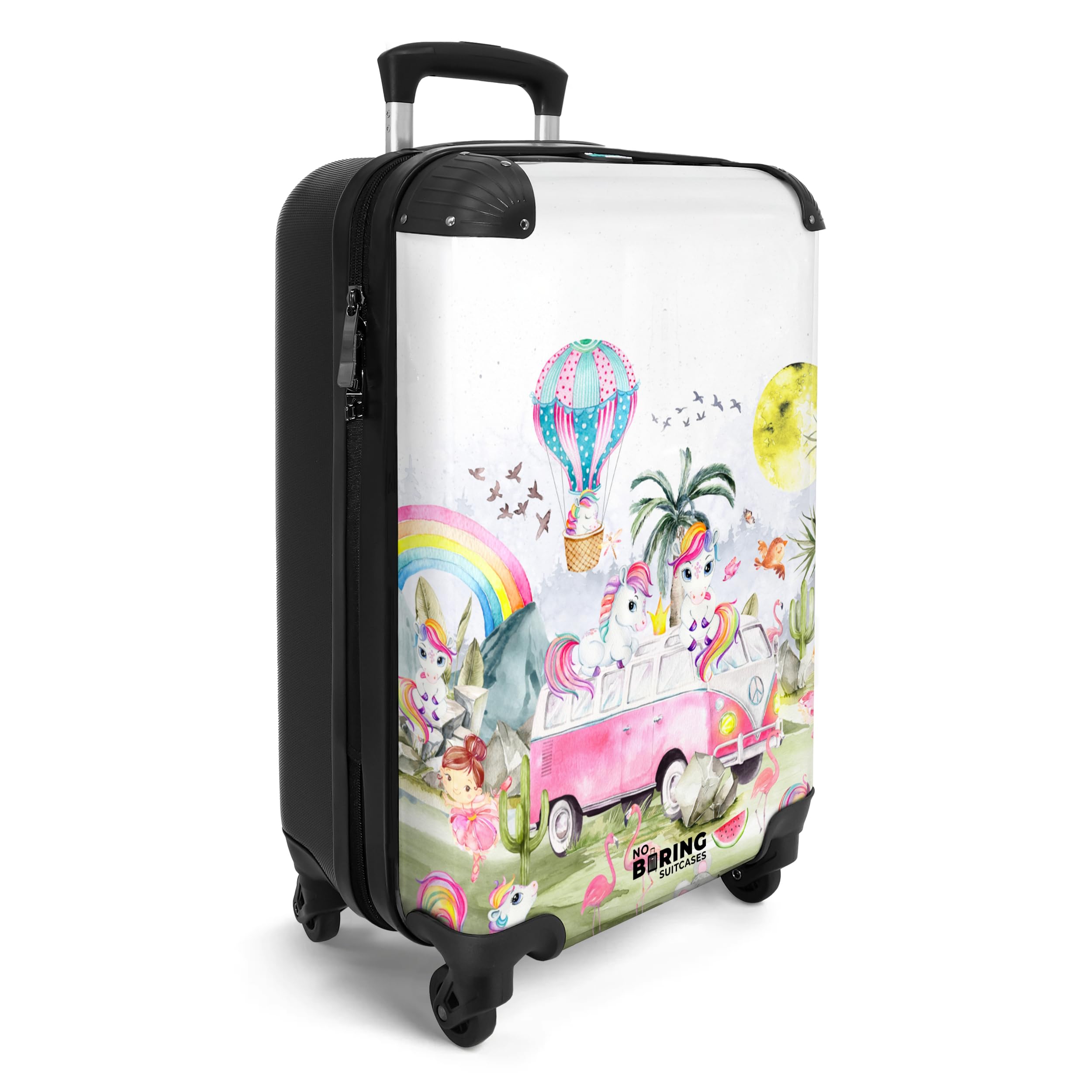 NoBoringSuitcases.com® Kinderkoffer Mädchengeschenke Handgepäck Koffer Reisetasche mit Rollen Kinder - Pink - Einhorn - Regenbogen - Kinder Koffer Madchen Trolley, 55x40x20