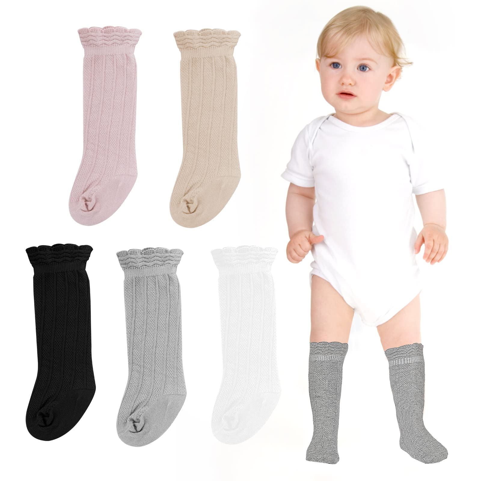 Yolev 5 Pares Calcetines para Bebés Pequeños Calcetines Hasta la Rodilla Calcetines Largos de Algodón Medias de Punto para Recién Nacidos para Bebés de 0 a 6 Meses
