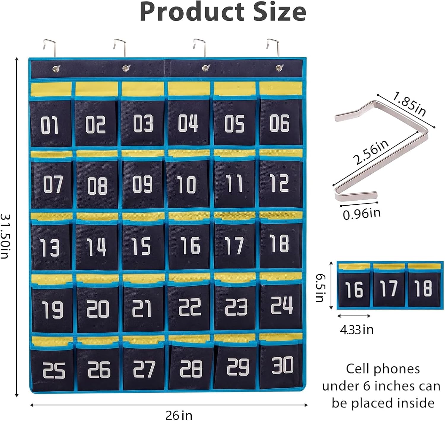 HBlife 30 Pockets Numbered Classroom Organizer Pocket Chart Cell Phones Holder Wall Door Hanging Storage Bag (Blue, 2 Pack)