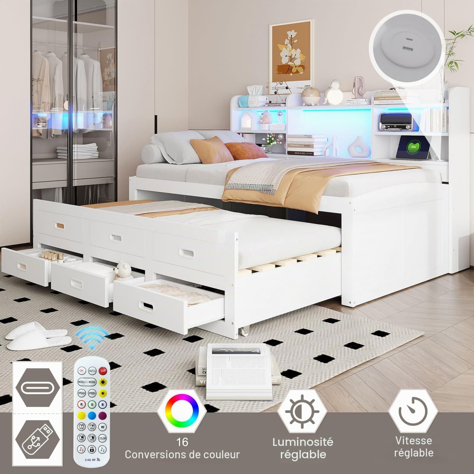 KOMHTOM Canapé-lit Multifonctionnel avec Éclairage d'ambiance à LED et Port de Charge, Lit de Jour avec lit gigogne, 3 Tiroirs et étagère de Rangement(sans Matelas) (Blanc-90x200 cm)