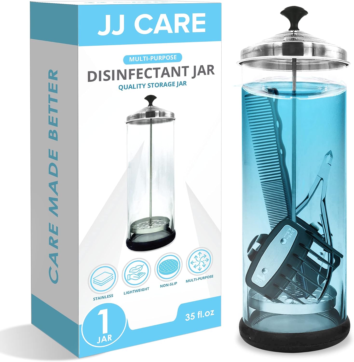 JJ CARE Disinfectant Jar (35 oz) Pack of 1, Sterilizer Jar with Removable Basket, Barber Disinfectant Jar with Stainless Cap, Durable Glass Barber Sanitizer