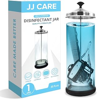 JJ CARE Disinfectant Jar - 35 oz Barber Jar Glass Sanitizer w/Stainless Steel Strainer & Cap - Black Lid