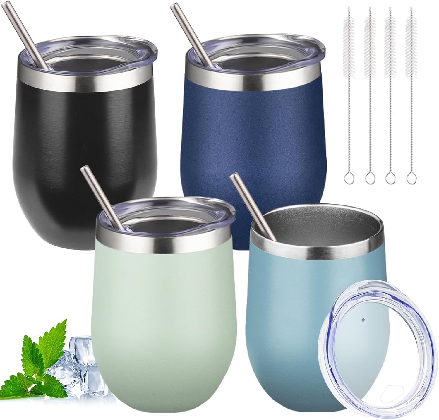 12oz Stemless Wine Tumbler with Lid Double Wall Insulated Wine Cup Stainless Steel Glasses Tumbler with Straw Insulated cocktail Tumbler Coffee Mug for Hot and Cold Beverages (Multicolor-3,4Pack)