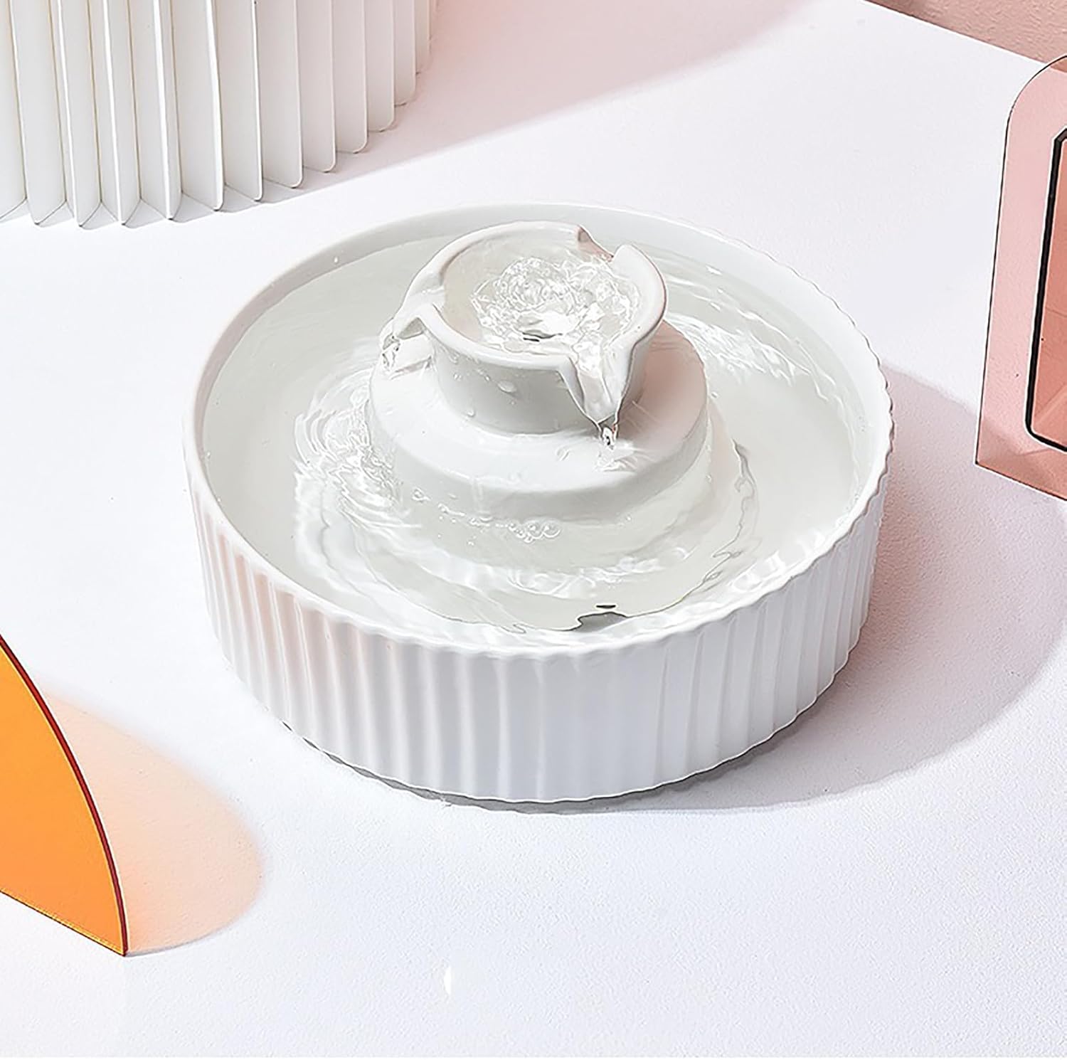 Ceramic Cat Water Fountain Cats Tower Water Dispenser 2.1L/71.02oz Dog Water Bowl Dispenser Cat Fountain for Cats Indoor Ultra Quiet Pump Pets Water Bottle White