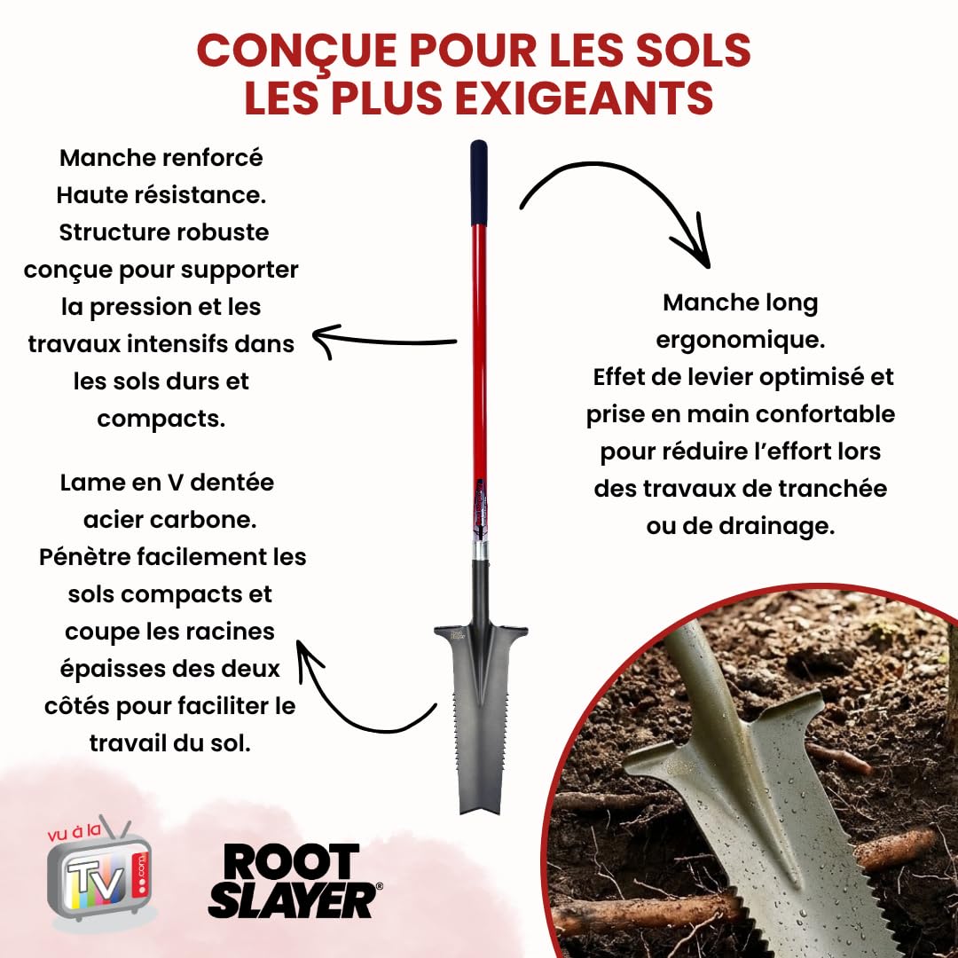Pala de Drenaje con Mango XL - ROOTSLAYER - VENTEO - Hoja en V invertida - Dientes Ultra afilados de Acero al Carbono