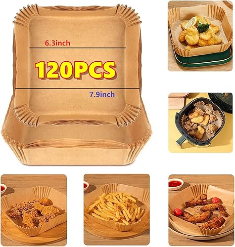 Forros desechables para freidora de aire, 120 unidades, 7.9 pulgadas, cuadrados antiadherentes, papel pergamino para hornear para la mayoría de las