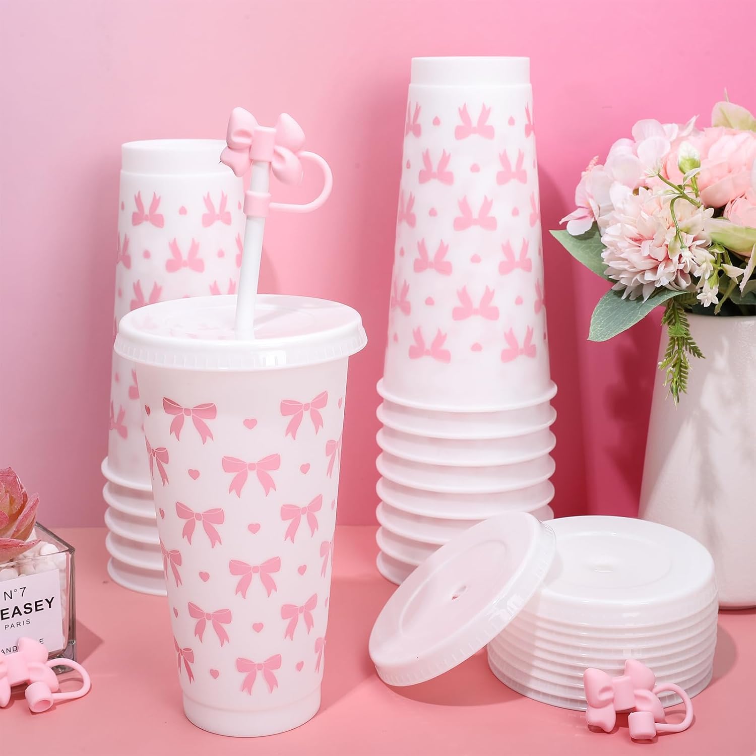 JarThenaAMCS 16Pcs 24oz Pink Bow Plastic Tumbler with Lid Straw and Straw Covers Reusable Coquette Bow Party Drinking Cups for Wedding Baby Shower Birthday Party Favors - Image 4