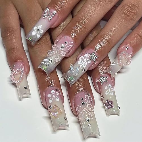 RTKHFZE Uñas de Presión Francesas Uñas Postizas de Presión Largas Cuadradas con Dijes Diseños de Mariposas 3D y Diamantes de Imitación Uñas