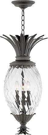 Hinkley Plantation Large Hanging Outdoor Lantern, Aluminum, Clear Optic Glass Shade, Pineapple Theme, Museum Black Finish