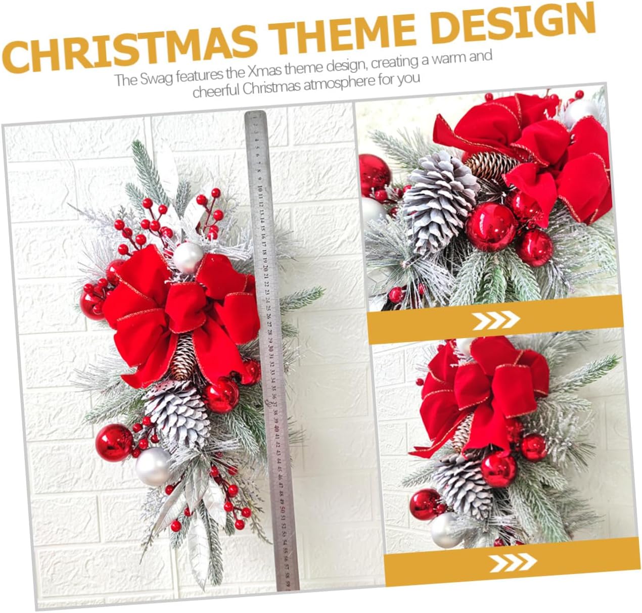 Christmas Stair Swag with Red Bowknot Teardrop Garland for Front Door Fireplace Window Decor Nordic Style Xmas Hanging Centerpiece Wear-Resistant Festive Banister Decoration