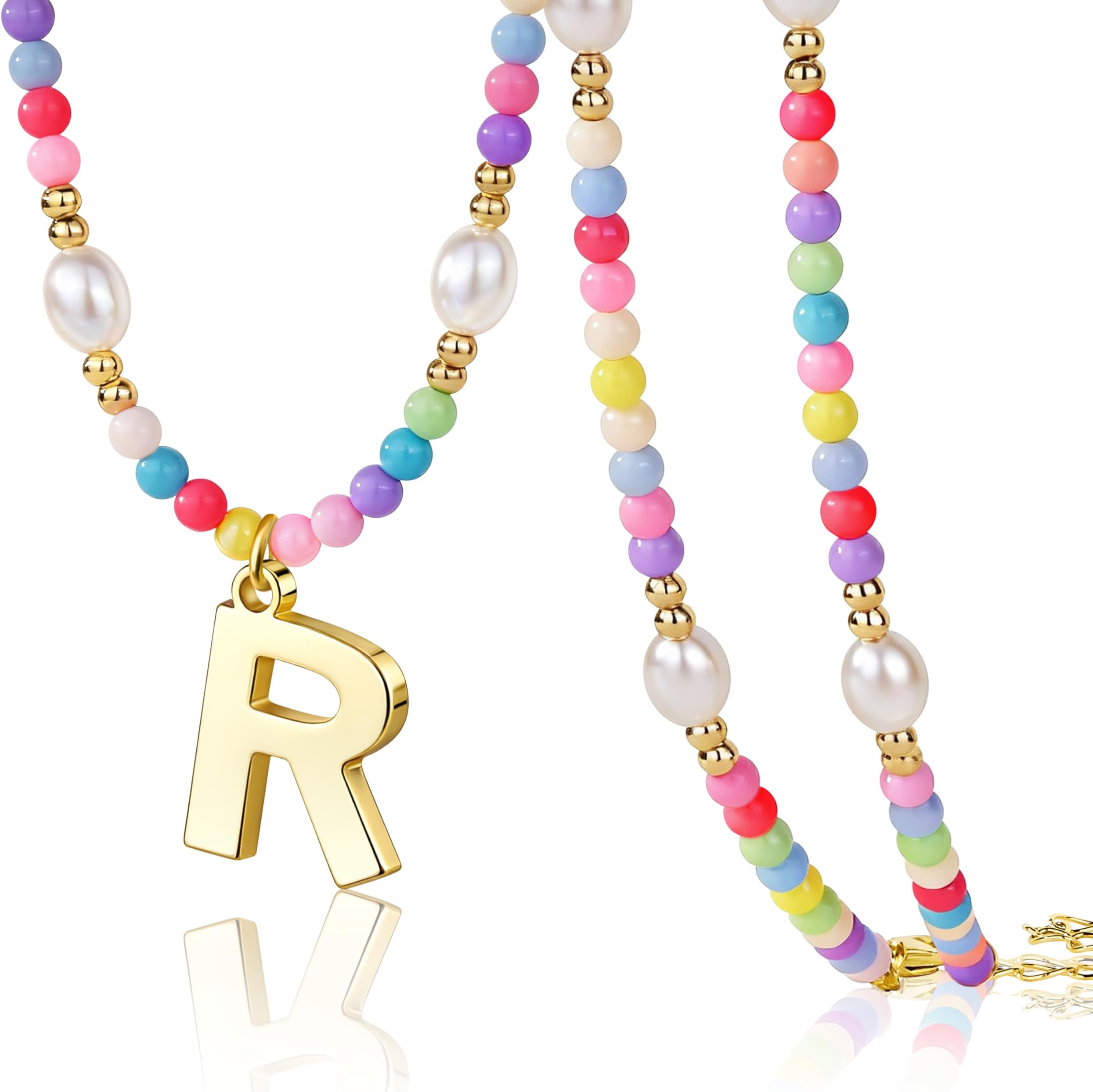 Initial Necklace for Teen Little Girls Kids Women Bulk, Toddler Colorful Beaded Pearl Choker with Letter Pendant, Cute Personalized Jewelry Gift for Easter, Party, Birthday