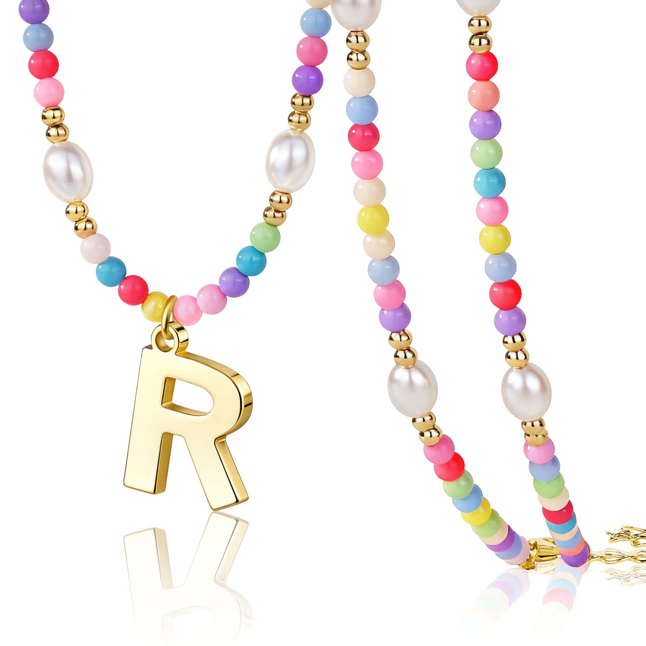 Personalized Initial Necklace for Women Teen Girls – Cute Preppy Colorful Rainbow Beaded Pearl Choker with Letter Pendant, Dainty Summer Beach Aesthetic Jewelry Gift for Kids, Teens, Women, Birthday