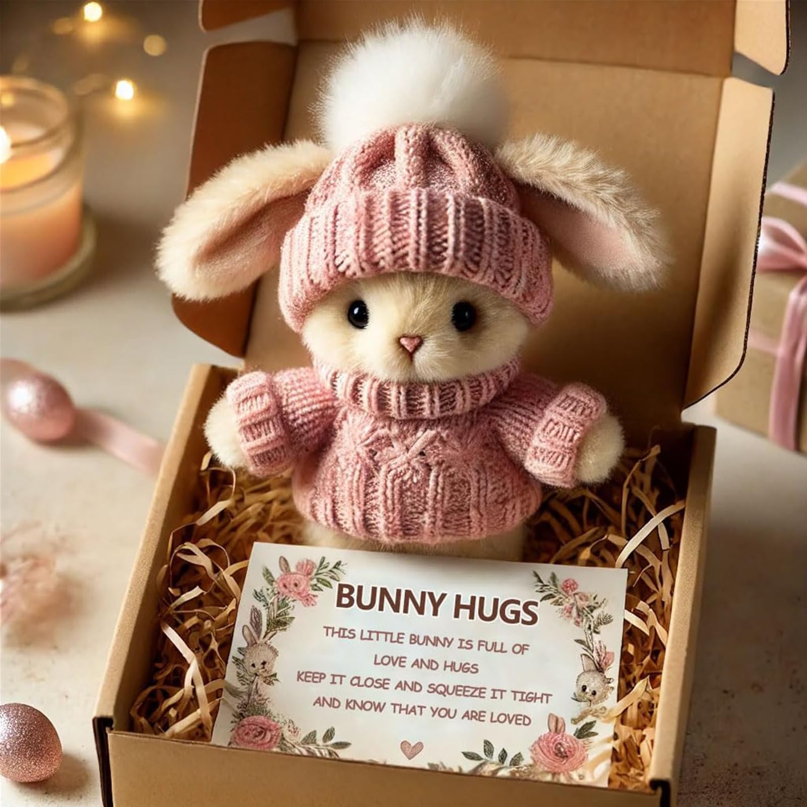 Handmade Mini Bunny Hug Cute Easter Gift, Mini Bunny Hugs in Box, Emotional Support Rabbit with Inspirational Card, Soft Floppytiny Easter Bunnies, Inspirational Easter Gifts for Women Men (Pink)