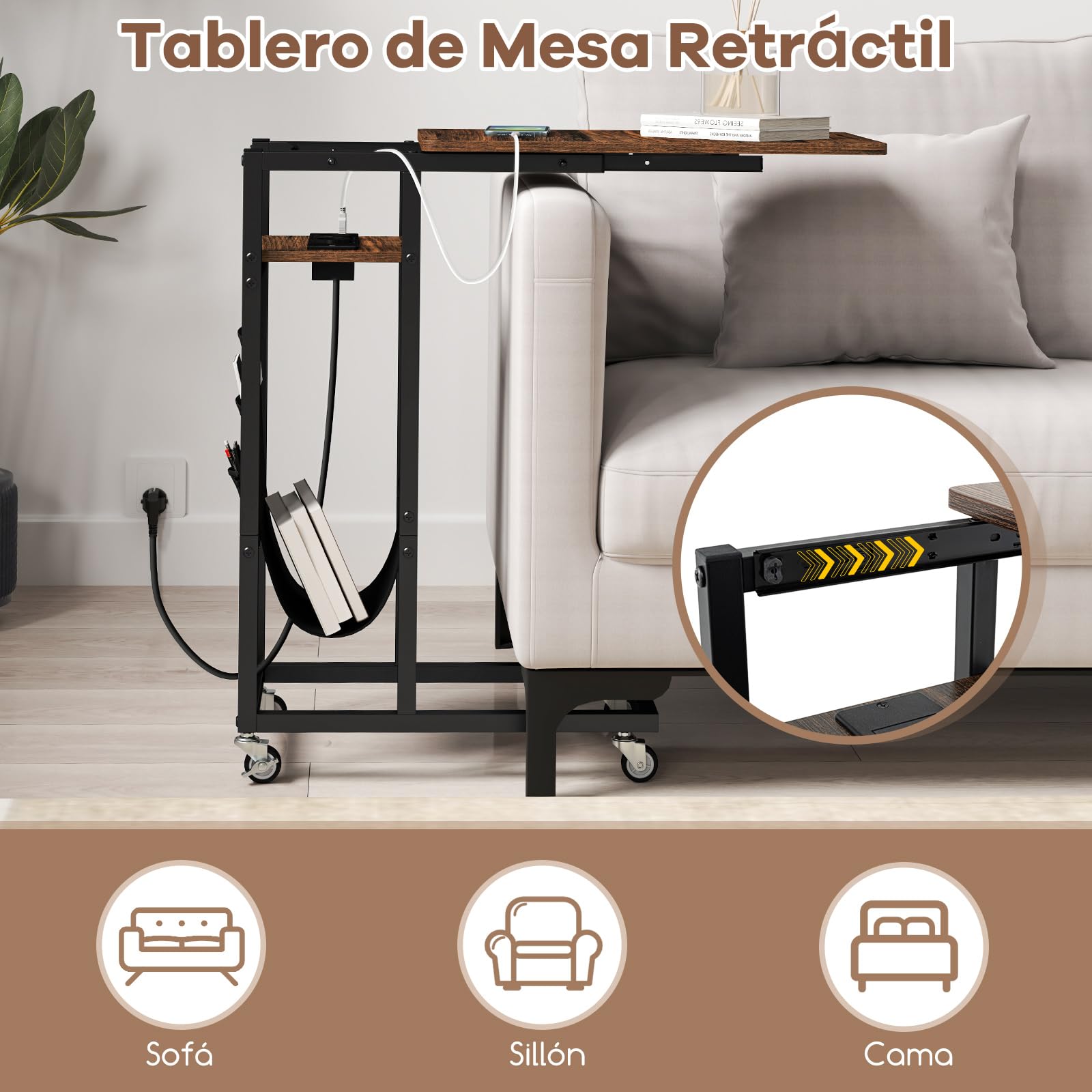 GYMAX Mesa Lateral con 4 Ruedas, Mesa con Superficie Extensible, Mesa en Forma de C, Mesa de Noche con Bolsillo y Estación de Carga, Ideal para Sala de Estar y Dormitorio (Marrón Rústico)
