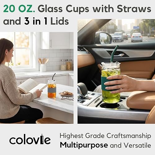 Miniatura 2 de ColoVie Vasos de Vidrio de 20 onzas con 6 Colores, Vasos de Vidrio Reutilizables Engrosados con Tapas y Pajitas, Funda de Silicona Removible para
