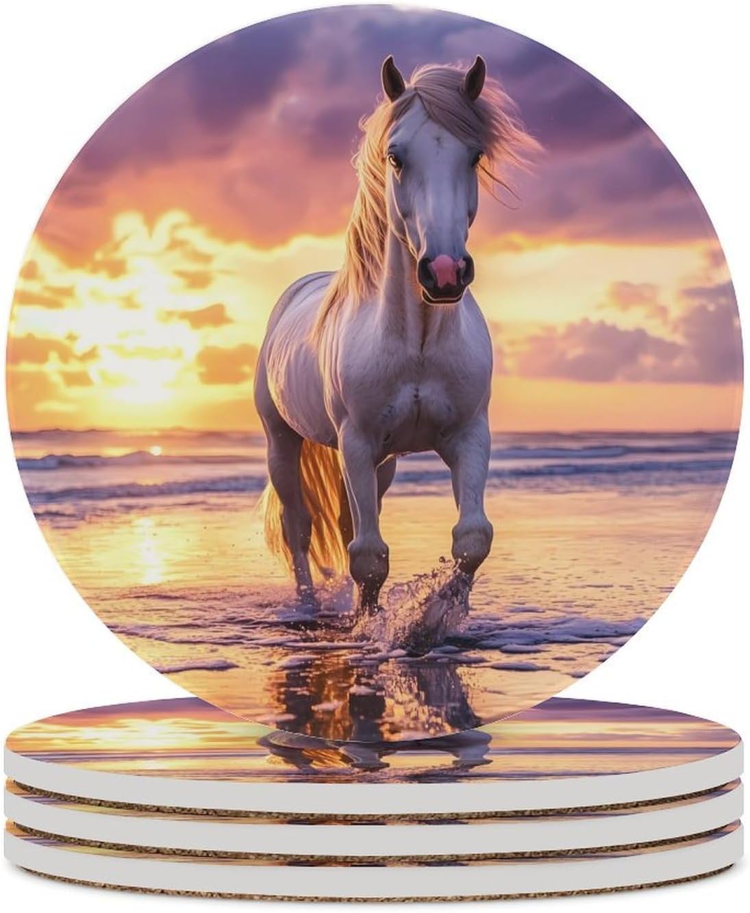 Horse with Long Hair Beach Sunset Round Ceramic Coasters Print Drinks Absorbent with Cork Base for Home Decor Gifts 4 Inch