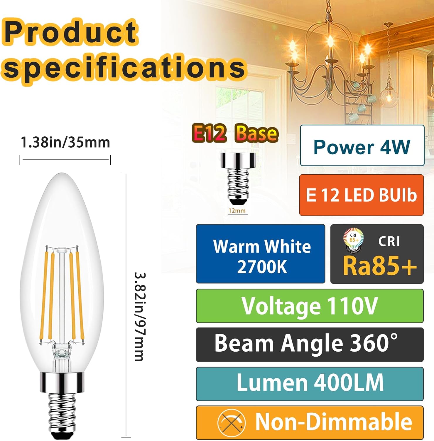 E12 LED Candelabra Bulbs 4W40W Equivalent, Warm White 2700K, 400LM intage Candle Light Bulbs, B11 Glass led Lamp Bulbs for Chandelier, 2 Pack (C35 Warm White)