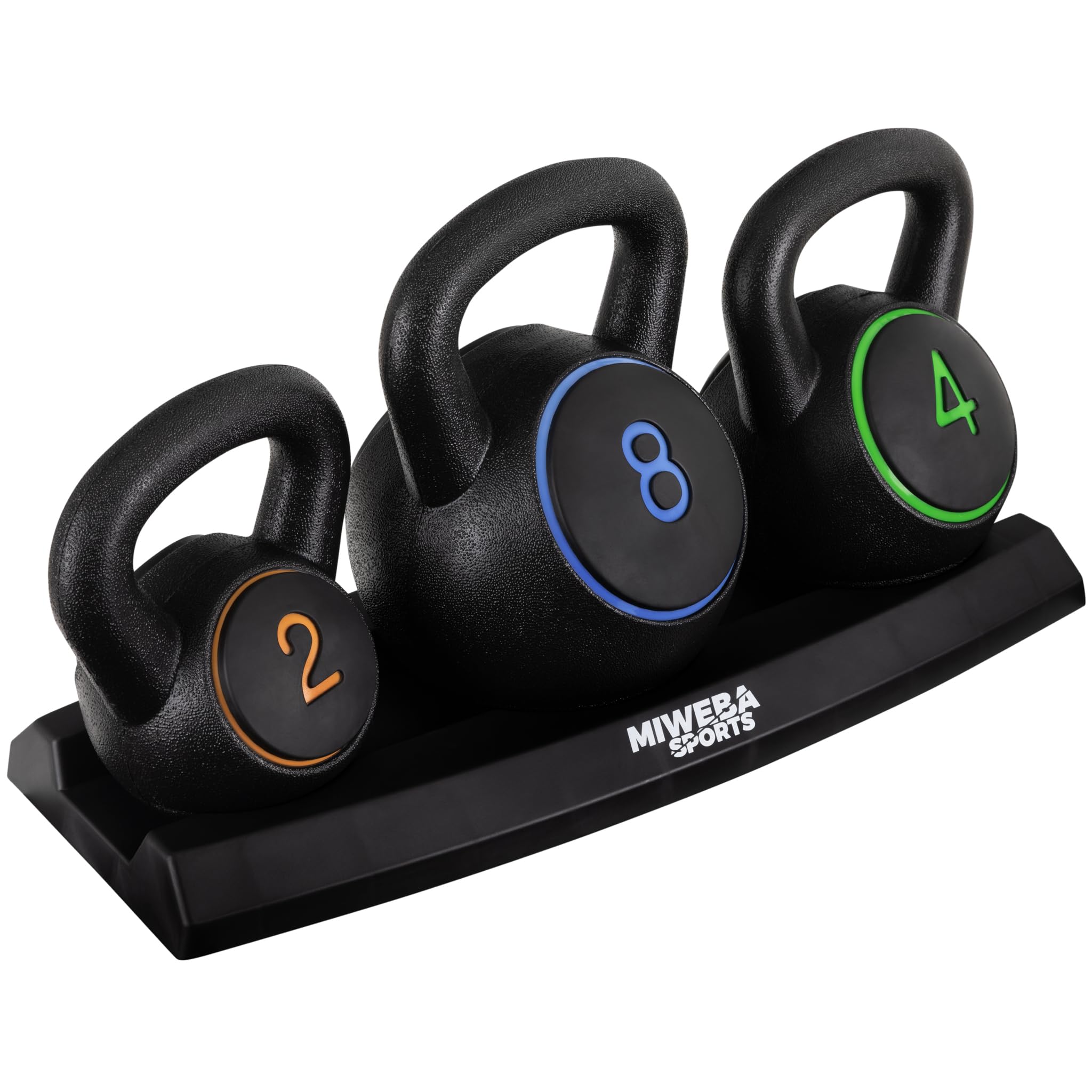 Miweba Sports Kettlebell | Hanteln Set - Gewichte 2 | 4 | 8 kg - Kettlebell Set - Hantel Set - Kettlebells - Fitness Zubehör inkl. Ablage - Krafttraining - Kugelhantel - Kugelgewicht - Schwunghanteln