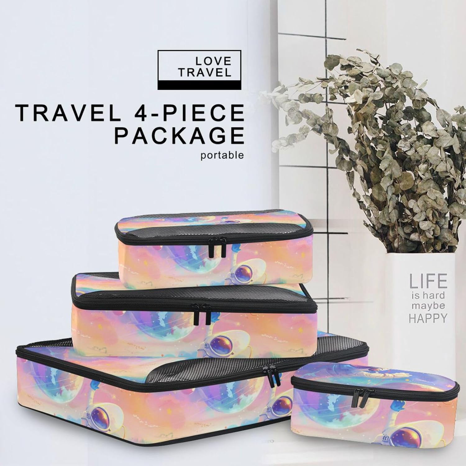 Cartoon Astronaut 4 Pcs set organizer for luggage Mesh Travel Essentials expandable compression packing cubes