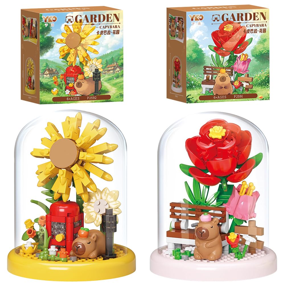 Mini Capybara & Flower Building Set 2PCS Flower Building Set with Cover Botanical Construction Blocks Collection Creative Garden Decor for Home Display Rose Sunflower