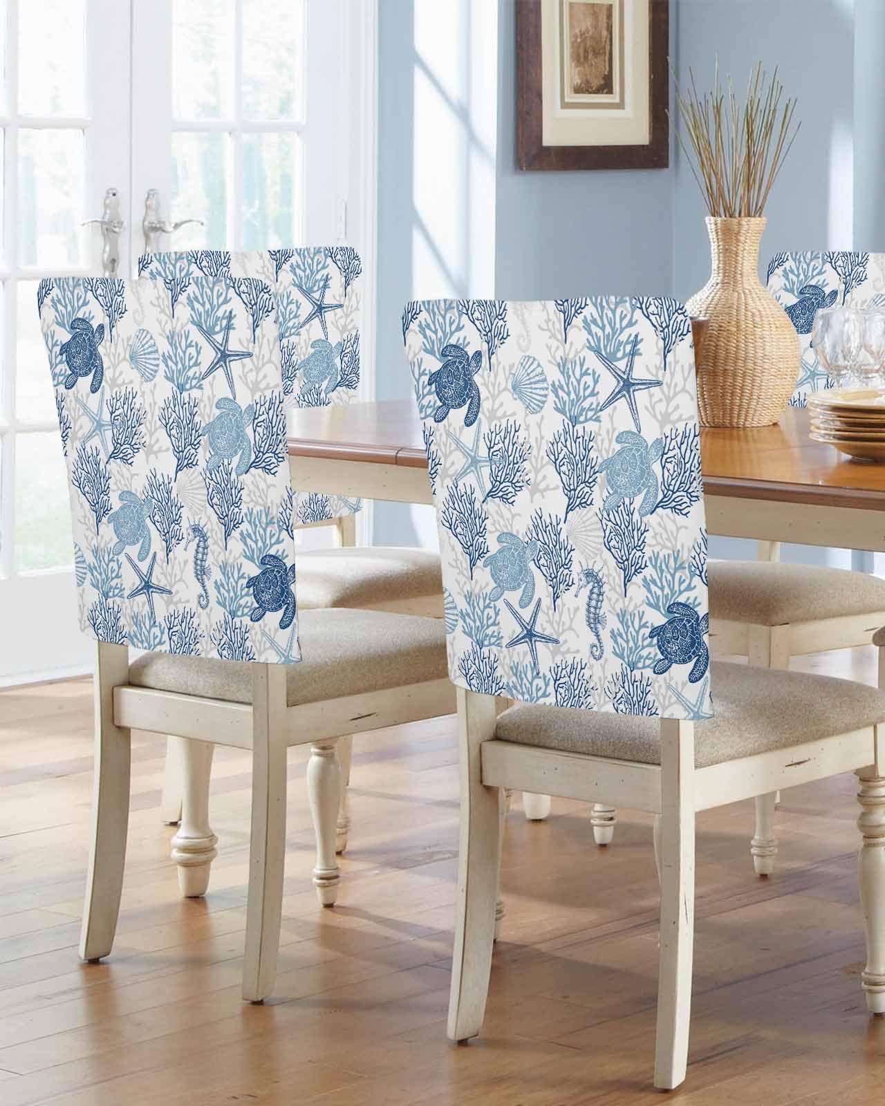Pinroote Navy Blue Grey Coastal Chair Covers - 4 Pcs Dining Room Chair Back Covers, Nautical Beach Chair Slipcovers, Sea Turtle Coral Removable Chair Protector Covers for Kitchen/Banquet/Party 19