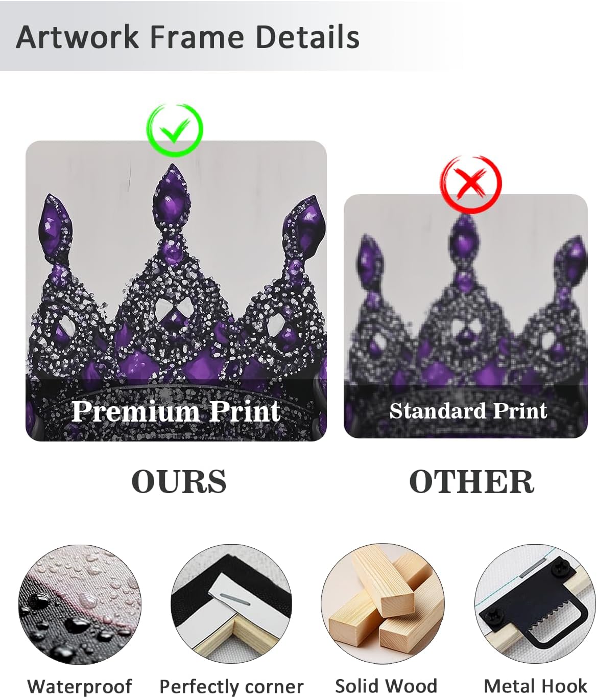 African American Wall Art Purple Queen Crown Painting Black Girl Canvas Prints Picture Elegant African Woman Poster for Bedroom Living Room Home Office Decor Framed(12"x18")