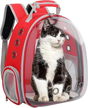 Cat Backpack Carriers, Ventilate Transparent Space Capsule Backpack for Puppies Traveling, Camping and Hiking red