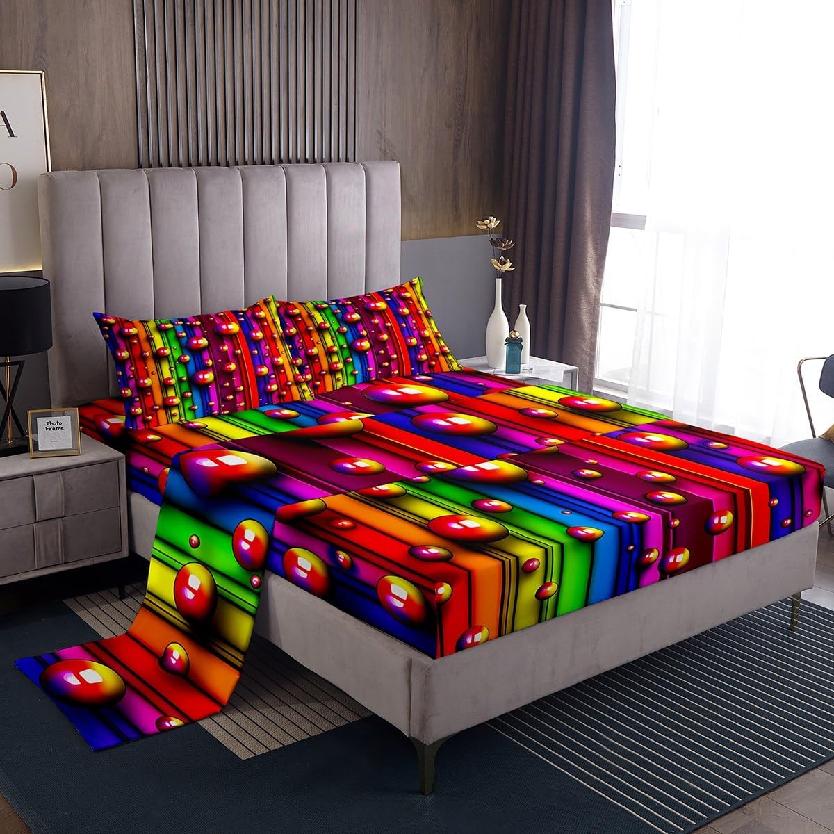 jejeloiu Bed Sheets Set Geometric Fitted Sheet for Kids Boys Girls Room Decor Modern Circle Print Bedding Set Twin Size Yellow Red Blue 3Pcs