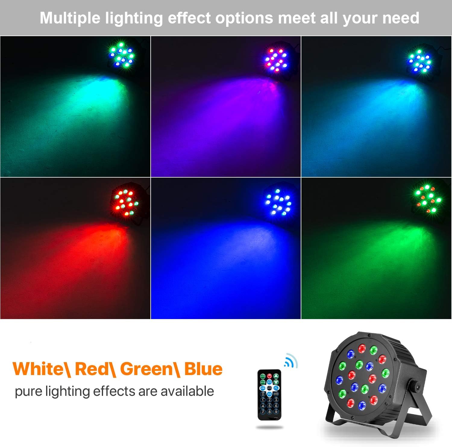 DJ Lights, BSYUN RGB 18 LEDs Professional Sound Activated Stage Lights DMX-512 Controllable Uplighting for Wedding Party with Remote (8P)