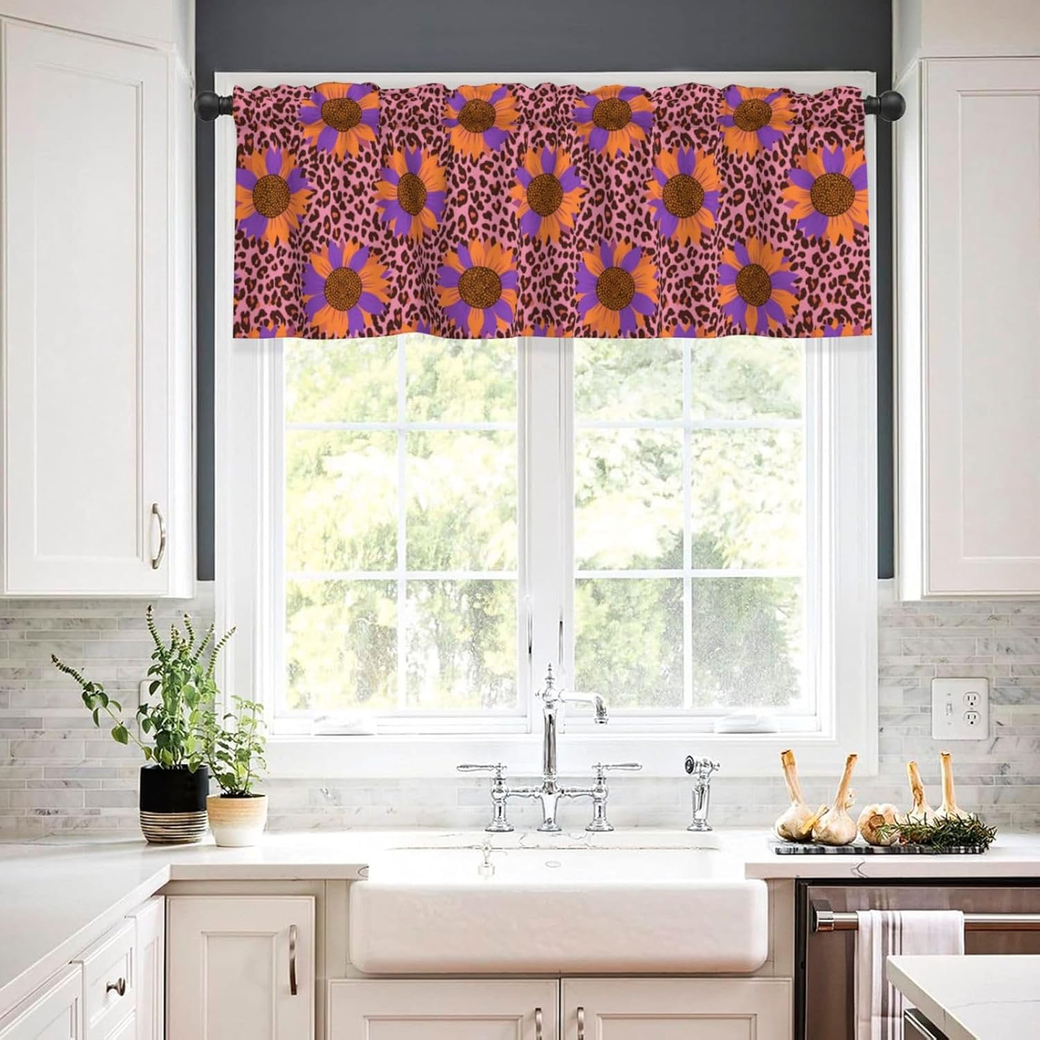 Valance for Windows Purple Orange Sunflower Leopard Print Decorative Rod Pocket Kitchen Curtain Valances Short Window Valance Curtains for Living Room Bedroom Bathroom 1 Panel 54x18Inch