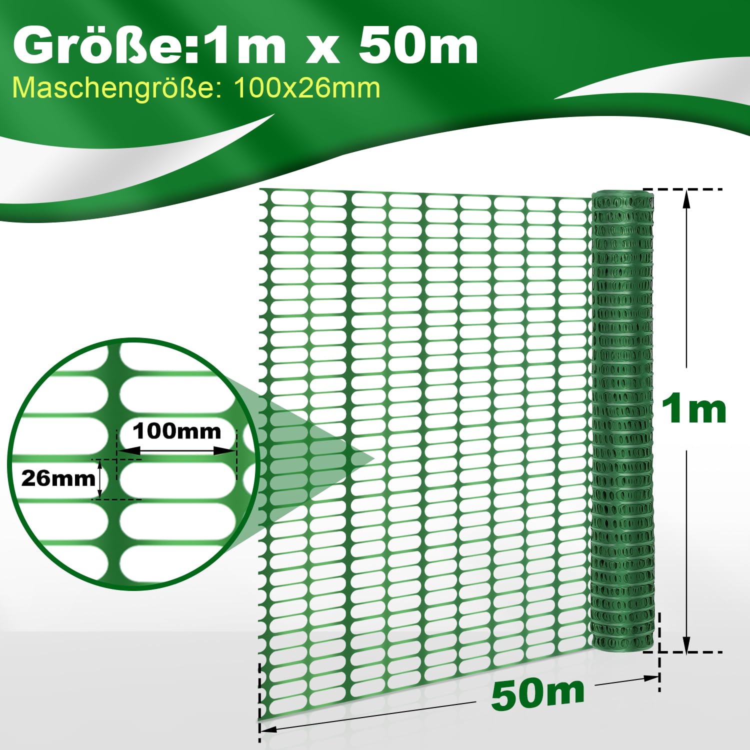 Eulenke 50m Absperrzaun, Höhe 100cm, Mobiler Begrenzungszaun, Schutznetz aus Kunststoff, Sicherheitsnetz, Fangzaun, vielseitig einsetzbares Zaun Netz(Grün,1 Rolle 50M)