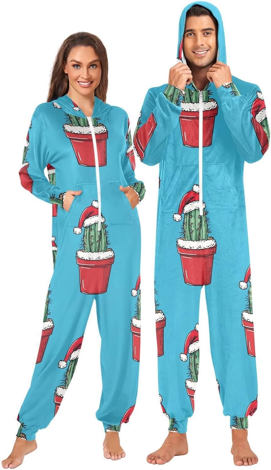 ZZKKO Christmas Cactus Potted Adult Onesie Pajamas for Women Men Cozy One Piece Pajamas Costume Zip-Up Hooded S-XL
