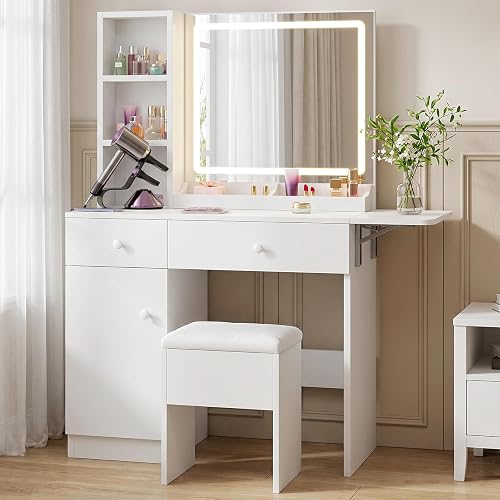 FUXA Vanity Desk with LED Lights Mirror and Charging Station, Makeup Vanity Table with Storage Drawers, Cabinet and Chair, Dressing Table Set for Bedroom, White