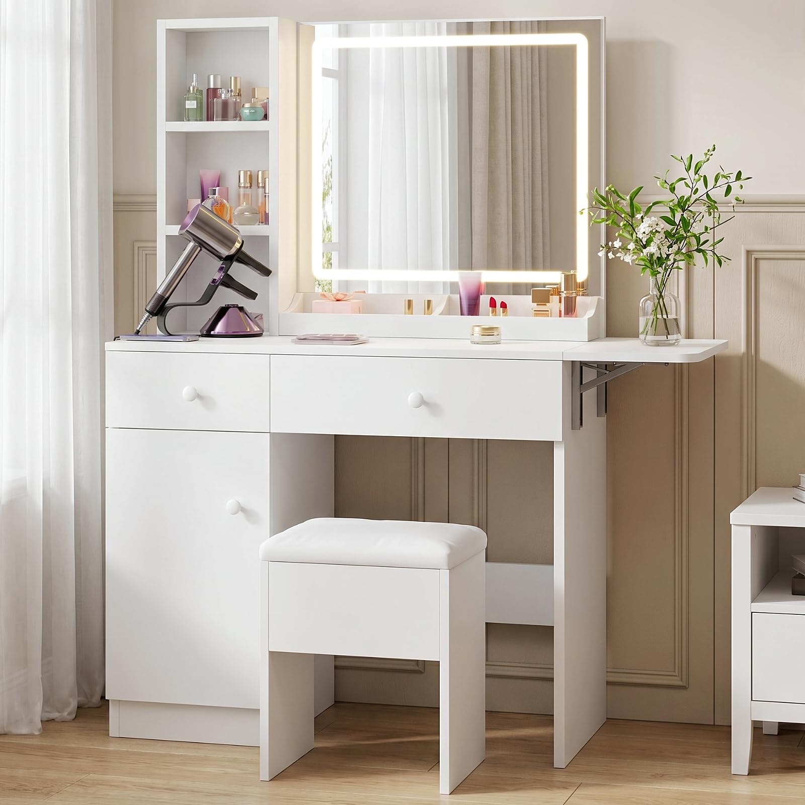 Lighted Vanity Desk with Mirror and Charging Station