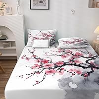 Vista 18 de Japanese Cherry Blossom Sheets California King Sheet Sets - Bed Sheets for Kids Boys Girls, Ink Painting Sheet Set with Deep Pocket Fitted Sheet