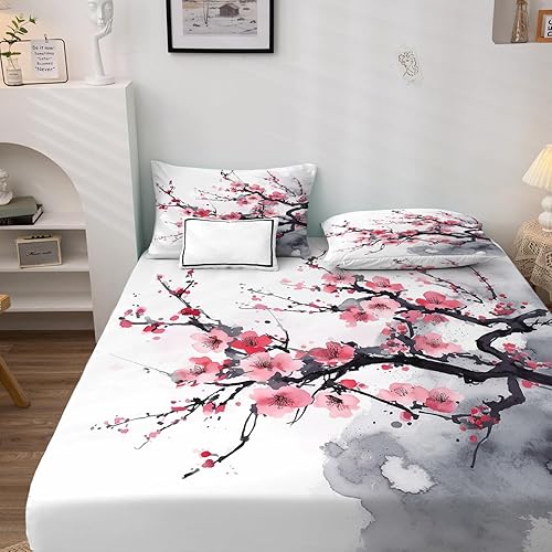 Miniatura 9 de Juego de sábanas de flores de cerezo tamaño Queen, sábanas con estampado floral rosa, sábanas y fundas de almohada de 4 piezas, sábana bajera